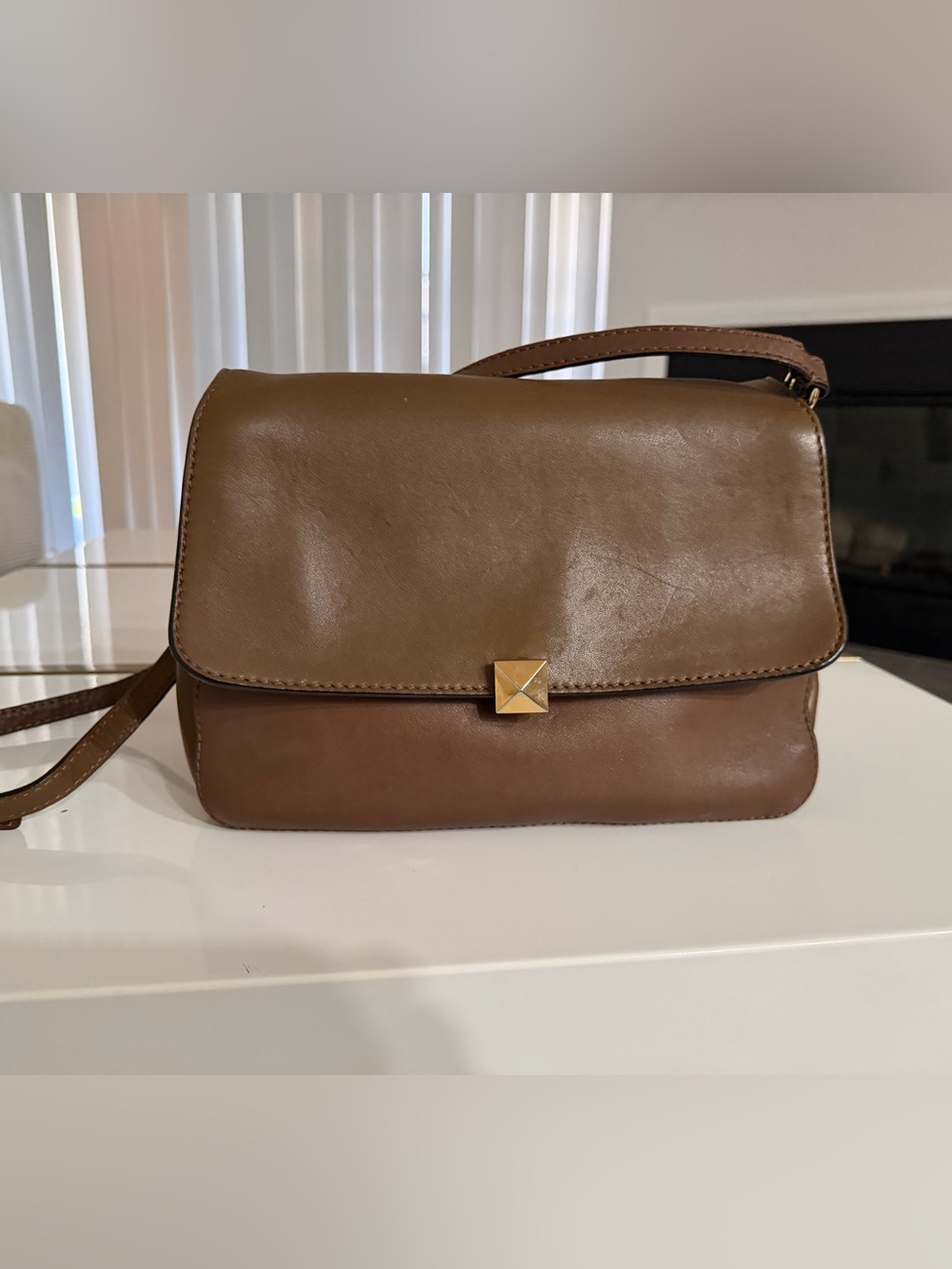 Valentino Garavani Vintage Brown Leather Crossbody Bag with Pyramid Stud Closure